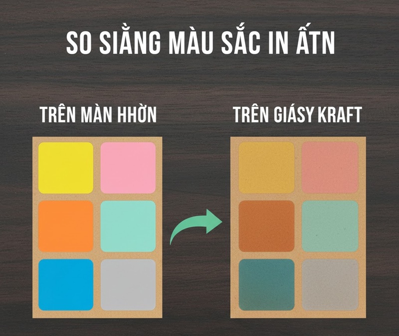 So sánh màu sắc thiết kế và thực tế khi in trên giấy kraft So sánh màu sắc thiết kế và thực tế khi in trên giấy kraft