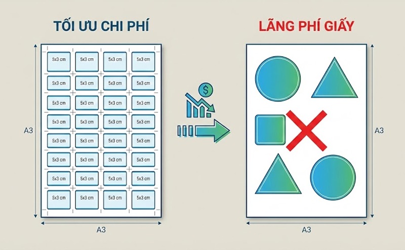 So sánh cách bình trang in tem nhãn kích thước chuẩn và không chuẩn