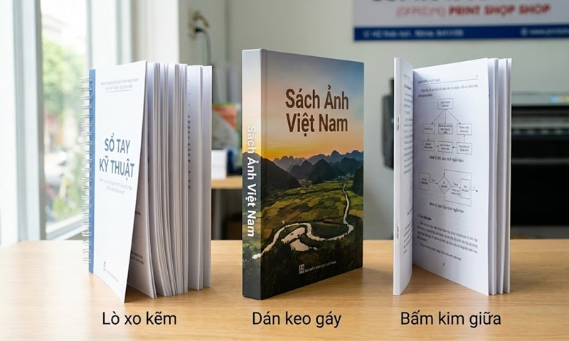 Các kiểu đóng cuốn sách màu khổ A4: keo gáy, lò xo, bấm kim.