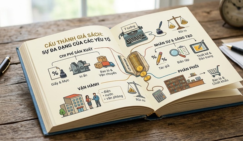 Các yếu tố ảnh hưởng đến chi phí và giá in sách bao gồm số lượng, chất liệu giấy, kích thước và kỹ thuật gia công.
