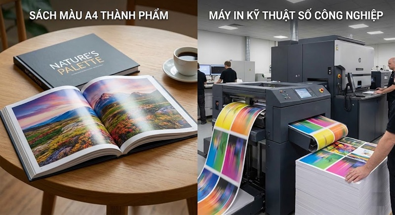 Công nghệ in sách màu khổ A4 kỹ thuật số và in offset.