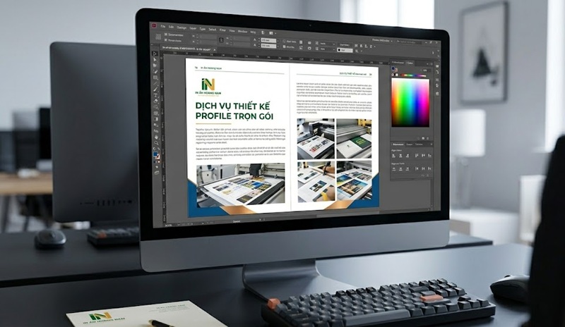 Designer In Ấn Hoàng Nam đang thiết kế layout Profile công ty bằng phần mềm chuyên dụng
