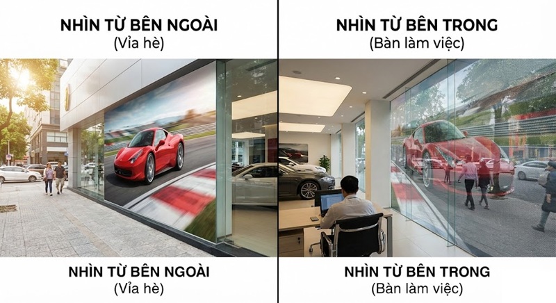 So sánh góc nhìn hai chiều của decal lưới dán kính showroom