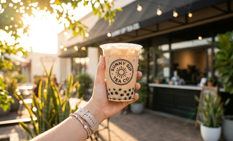 Khách hàng check-in chụp ảnh ly nước có logo dán đẹp