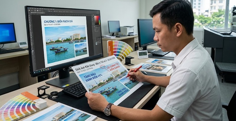 Quy trình in test thử nghiệm để duyệt màu sắc, kiểm tra lỗi chính tả và quy cách đóng gáy trước khi in sách hàng loạt.