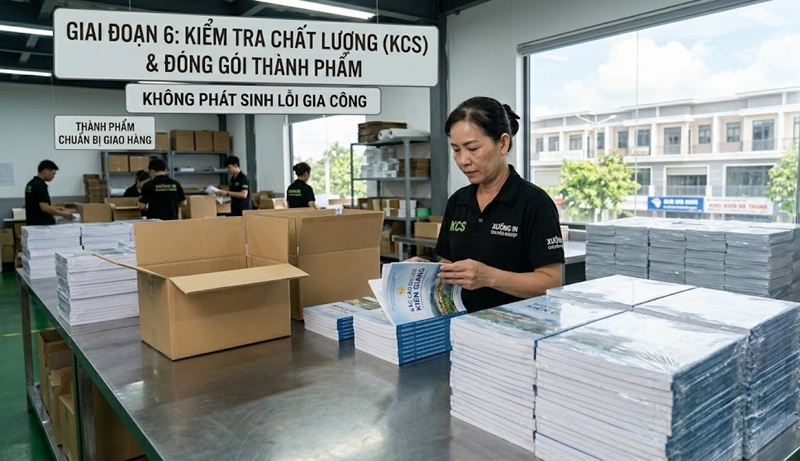 Kiểm tra chất lượng QC sách thành phẩm khắt khe, loại bỏ lỗi gia công đóng gáy trước khi đóng gói màng co giao hàng.