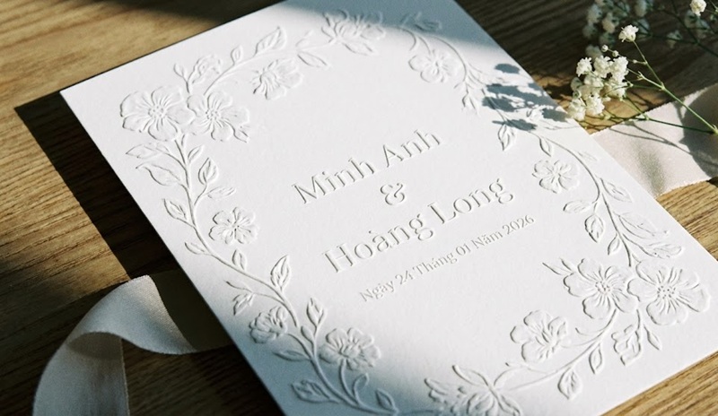Kỹ thuật thúc nổi 3D (Blind Emboss) trên thiệp cưới Kỹ thuật thúc nổi 3D (Blind Emboss) trên thiệp cưới