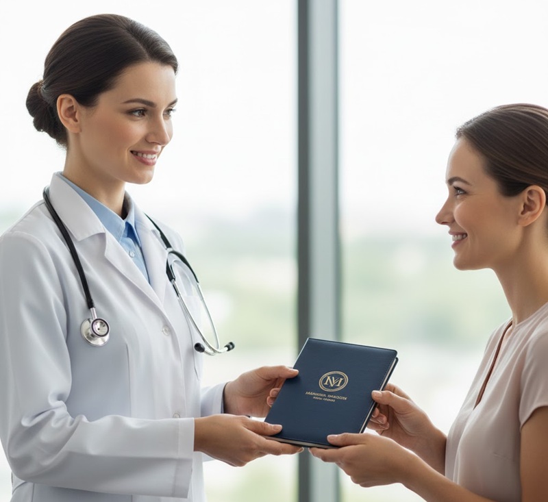 Bác sĩ trao sổ khám bệnh in logo riêng cho khách hàng