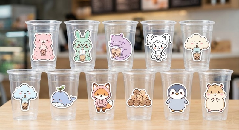 Mẫu tem dán ly trà sữa hình Chibi hoạt hình dễ thương màu pastel dành cho học sinh.