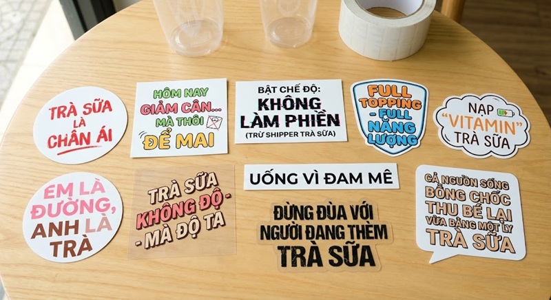 Tổng hợp 10 mẫu tem dán ly trà sữa phong cách Typography in slogan hài hước bắt trend Gen Z.