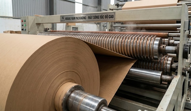 Máy chạy sóng giấy carton công nghiệp tại xưởng Hoàng Nam Máy chạy sóng giấy carton công nghiệp tại xưởng Hoàng Nam