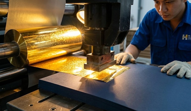 Kỹ thuật viên đang vận hành máy gia công ép kim logo tại xưởng In Ấn Hoàng Nam