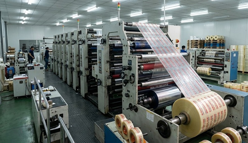 Máy in ống đồng sản xuất băng keo logo tại xưởng In Ấn Hoàng Nam