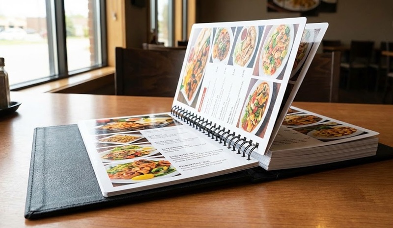 Quy cách đóng cuốn menu nhựa gáy lò xo bền đẹp.