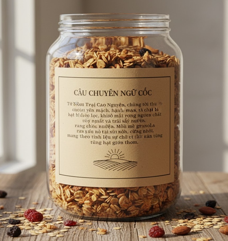 Nhãn giấy kraft khổ lớn in nội dung câu chuyện thương hiệu (storytelling) dán trên hũ thực phẩm.