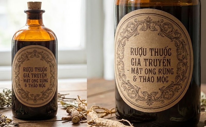 Chai thủy tinh dán nhãn giấy kraft với khung viền hoa văn retro cổ điển.