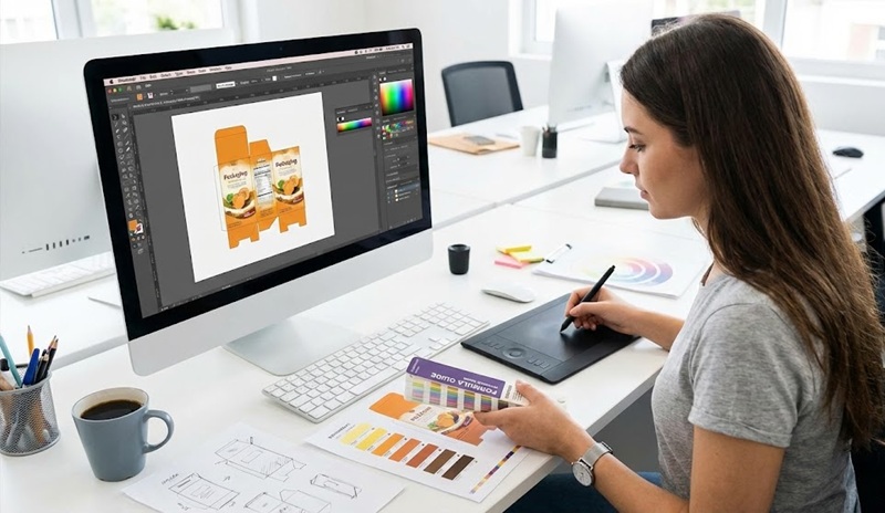 Nhân viên thiết kế in ấn chuyên nghiệp đang so màu Nhân viên thiết kế in ấn chuyên nghiệp đang so màu