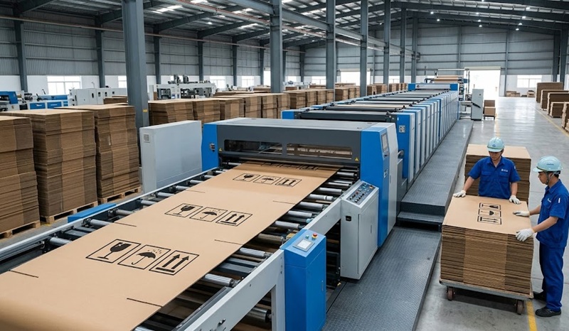 Máy in Flexo sản xuất thùng carton xuất khẩu tại xưởng Hoàng Nam