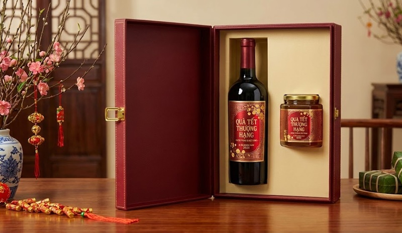 Set quà tết rượu và mật ong có tem nhãn thiết kế đồng bộ Set quà tết rượu và mật ong có tem nhãn thiết kế đồng bộ