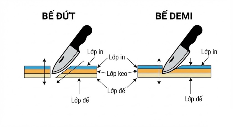 So sánh kỹ thuật bế đứt và bế demi tem nhãn So sánh kỹ thuật bế đứt và bế demi tem nhãn