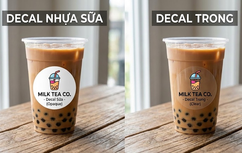 So sánh in tem decal nhựa sữa và decal trong dán ly