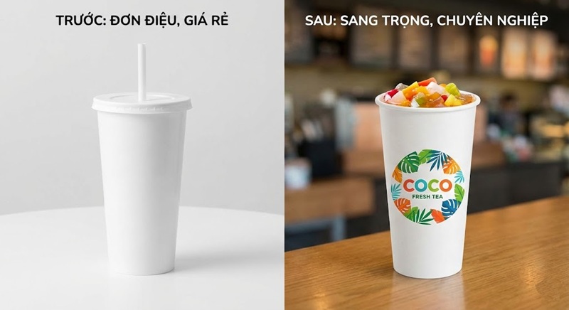 So sánh sự khác biệt khi dán logo decal lên ly nhựa trơn