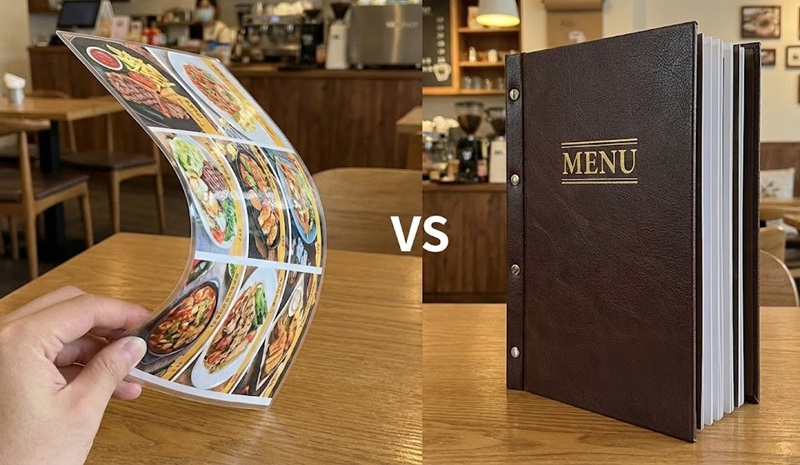 So sánh độ dày giữa menu nhựa và menu giấy bồi So sánh độ dày giữa menu nhựa và menu giấy bồi