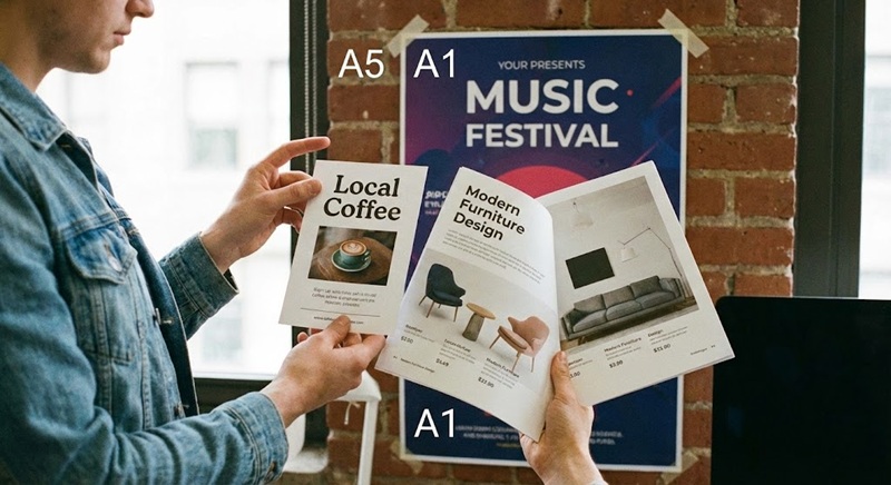 So sánh kích thước thực tế tờ rơi A5 và catalogue A4