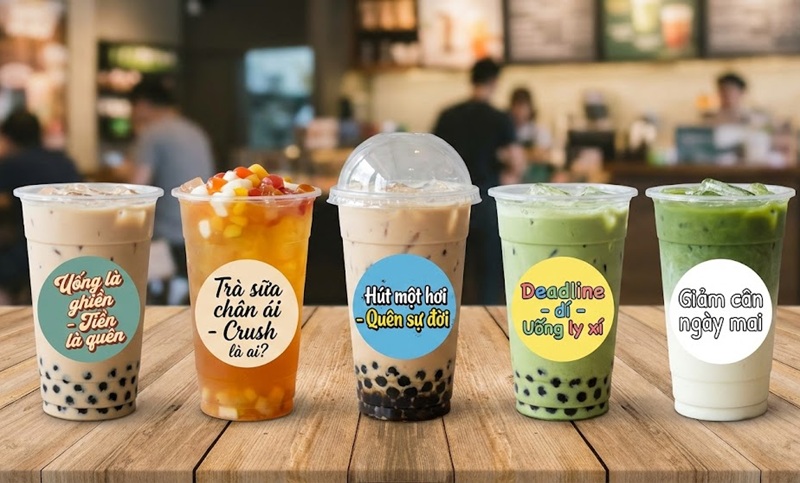 Tem dán ly trà sữa in slogan độc lạ thu hút giới trẻ