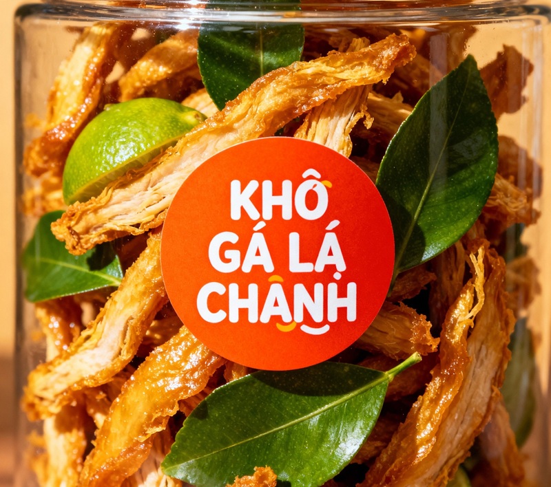 Mẫu tem nhãn khô gà lá chanh màu đỏ cam kích thích vị giác