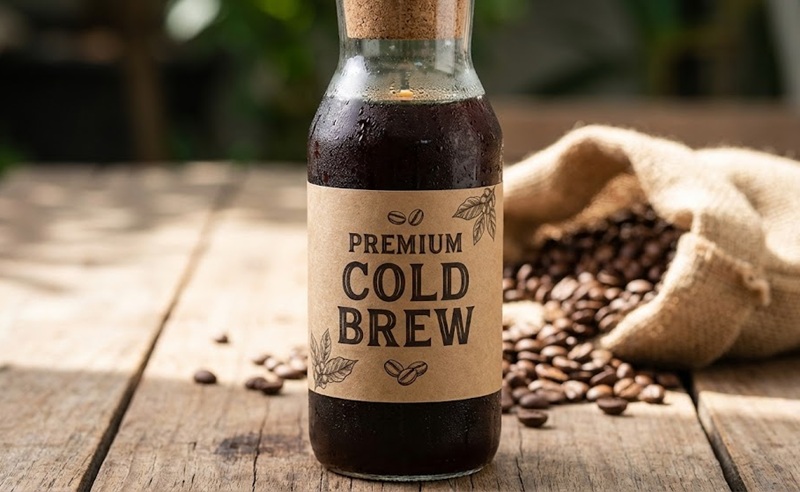 Tem nhãn kraft phong cách typography cổ điển dán trên chai thủy tinh đựng cà phê.