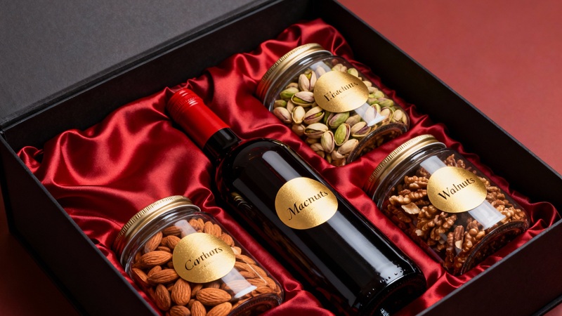 Ứng dụng tem decal xi vàng cho hộp quà Tết và rượu vang