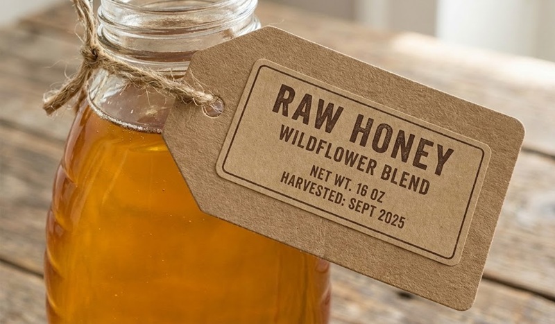 Thẻ treo kraft kết hợp tem decal dán và dây thừng trang trí chai lọ.