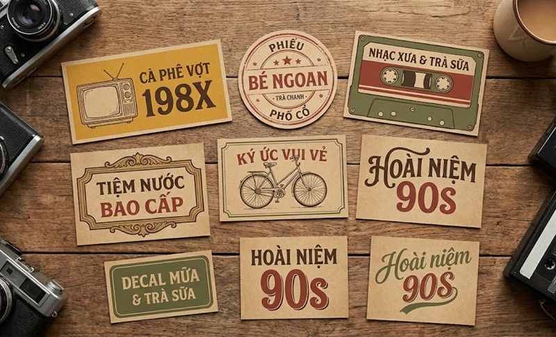 Các mẫu tem nhãn dán ly trà sữa phong cách Retro Vintage hoài niệm in trên giấy Kraft.