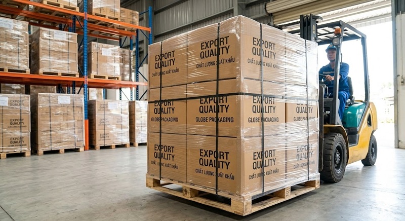 Thùng carton xuất khẩu đóng pallet an toàn, kiên cố