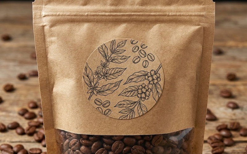 Túi cà phê giấy kraft dán tem nhãn in hình nét vẽ line art đơn giản.