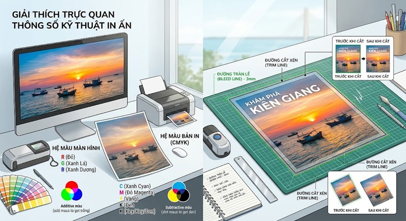 Giải pháp xuất file in sách định dạng PDF chuẩn hệ màu CMYK, độ phân giải 300 DPI và chừa lề cắt xén an toàn.