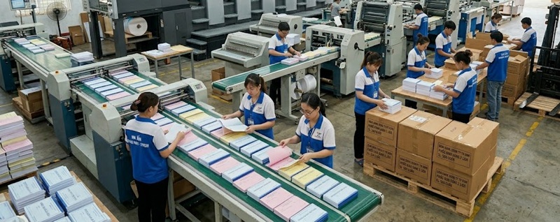 Phân xưởng sản xuất và đóng cuốn phiếu xuất nhập kho carbonless chuyên nghiệp tại Hoàng Nam TPHCM