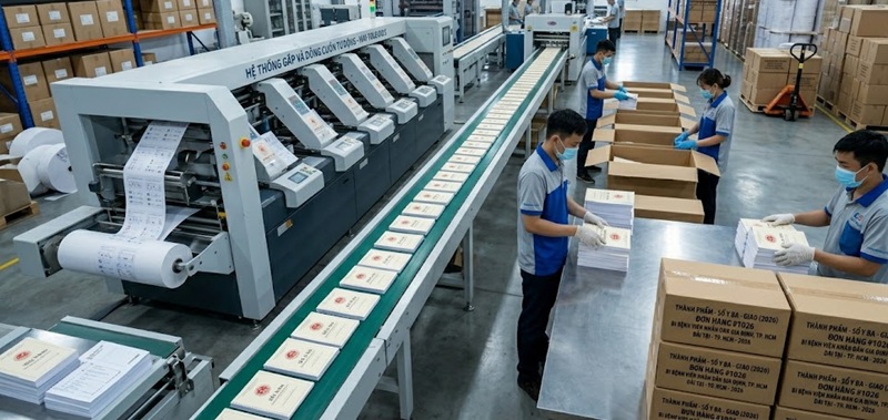 Phân xưởng sản xuất sổ y bạ quy mô lớn tại In Ấn Hoàng Nam TPHCM