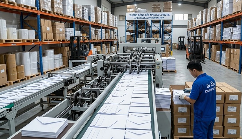 Xưởng sản xuất, bế dán bao thư tiêu chuẩn tự động tại In Ấn Hoàng Nam