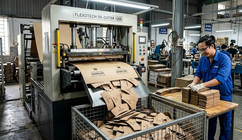 Hệ thống máy bế tự động sản xuất cup sleeve đai ly giấy tại xưởng Hệ thống máy bế tự động sản xuất cup sleeve đai ly giấy tại xưởng